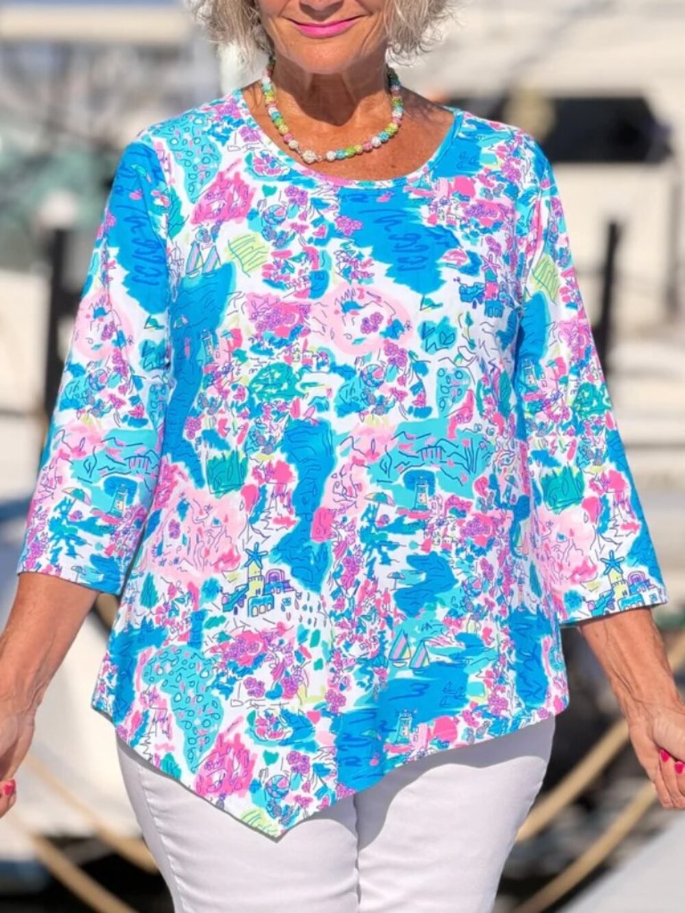 Lulu-B Palm Beach Splash 3/4 Sleeve Tennis Pickleball UPF50+ Top Large